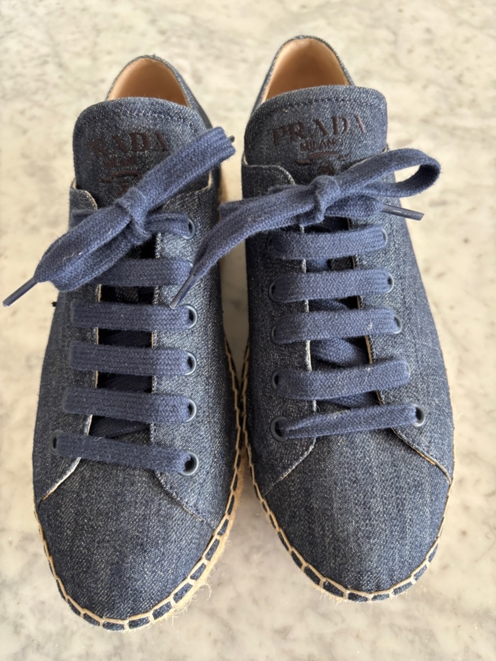 Prada Denim Lace-Up Sneakers — Navy Blue